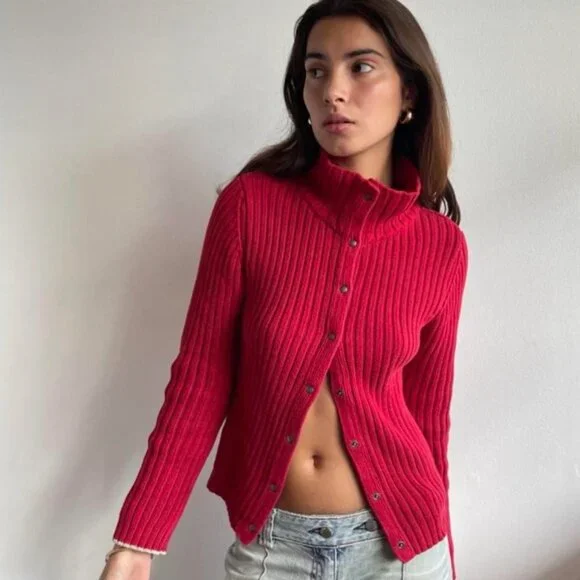Vintage Armani Jeans Cherry Red Button Cardigan Knit Ribbed Cotton Sweater